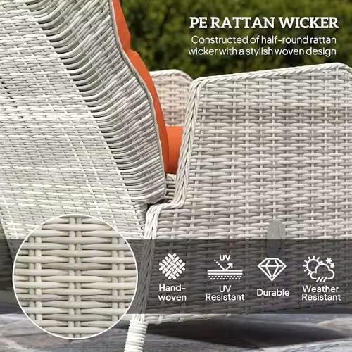 Outsunny 4 Piece Rattan Garden Furniture Set with Lounge Armchair, Ottoman, Coffee Table and Upholstered Cushions in Orange – 3