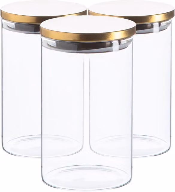 Argon Tableware Scandi Airtight Storage Jars with Gold Metallic Lids, 1 Litre, Set of 3
