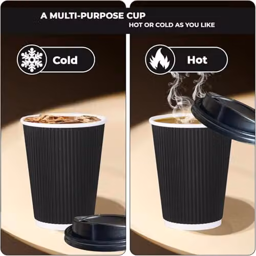 ECONX 500 x 8oz Black Ripple Disposable Insulated Triple Wall Kraft Paper Coffee Cups with Lids – 4