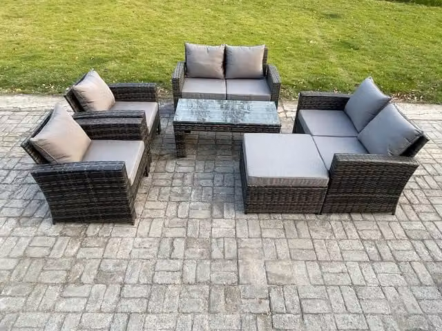 Fimous 7 Seater Dark Grey High Back Rattan Garden Furniture Set with Coffee Table and Love Seat