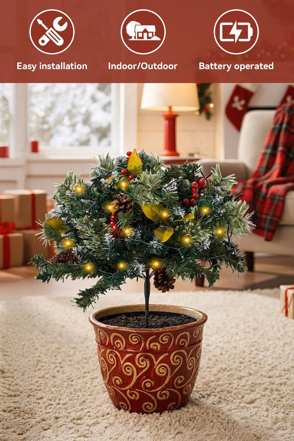 Living and Home Pre-Lit Artificial Christmas Tree Urn Filler with Yellow Leaves in Green and White – 3