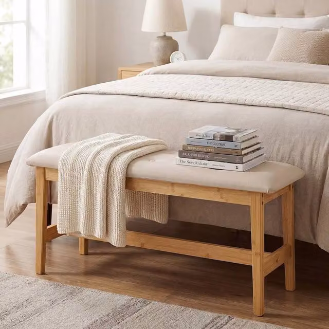 EONLION Beige Upholstered Straight Bench Bed with Bamboo Frame