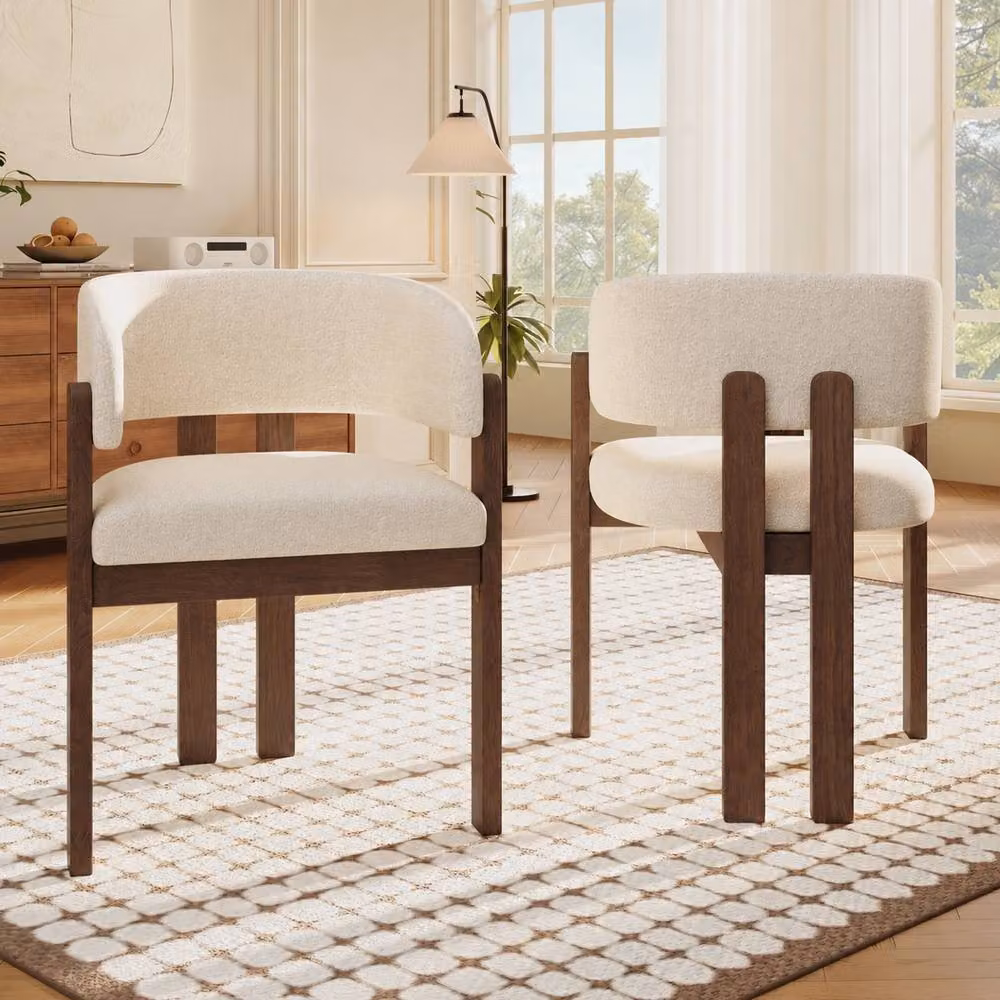 Rolipo Set of 6 Modern Solid Wood Dining Chairs with Armrests in Brown Walnut Finish and Beige Bouclé Fabric – 2