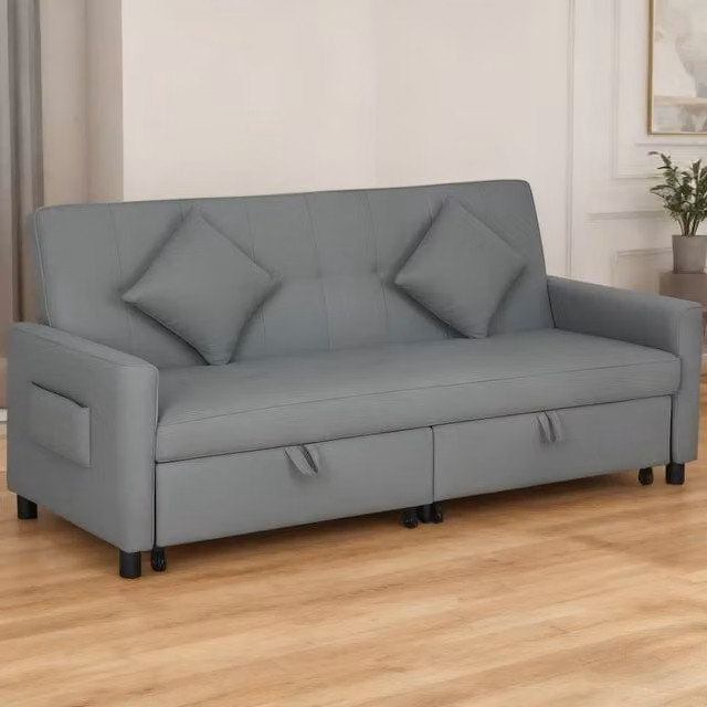ERGOVEXA Three-Person Velvet Grey Click-Clack Sofa Bed with Adjustable Headrest and Scatter Cushions, W/D/H: 196 x 89 x 90 cm, Sleeping Area: 140 x 200 cm