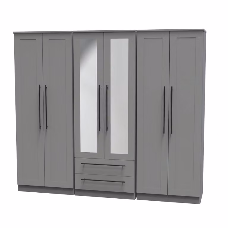 2 U Howard Tall 6 Door 2 Drawer Wardrobe with 2 Mirrors in Dark Grey, Ready Assembled