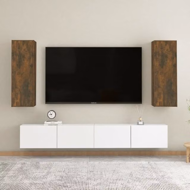 Berkfield Home Set of 2 Modern Wall Mounted TV Cabinets in Smoked Oak Brown, W/D/H: 30.5 x 30 x 90 cm