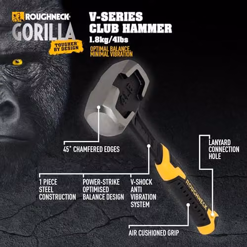 Roughneck Gorilla V-Series Forged Steel Club Hammer, Black and Multicolour, 1.8kg – 3