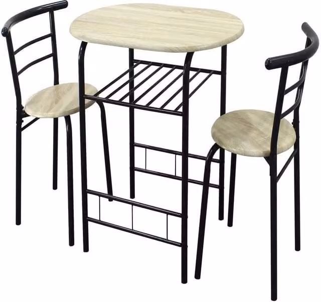 Havendro Modern Round Dining Table and 2 Chairs Set with Black Metal Frame in Light Oak