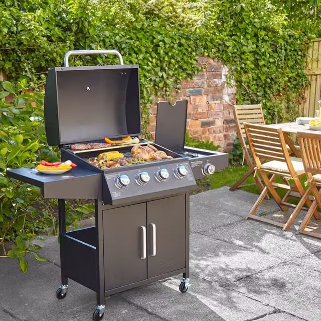 Neo 4 in 1 Gas BBQ Grill with Stainless Steel Side Burner and Thermometer in Black