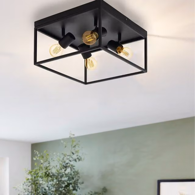 Eglo Silentina 4-Light Industrial Flush Ceiling Light in Black Metal and Transparent Glass – 5