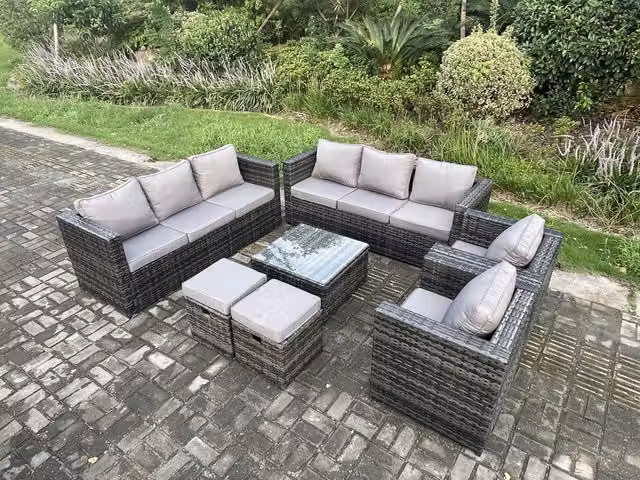 Fimous 10 Seater Rattan Garden Furniture Set in Dark Grey with Upholstered Cushions, 3 Seater Sofa, 2 Armchairs, Coffee Table and 2 Ottomans