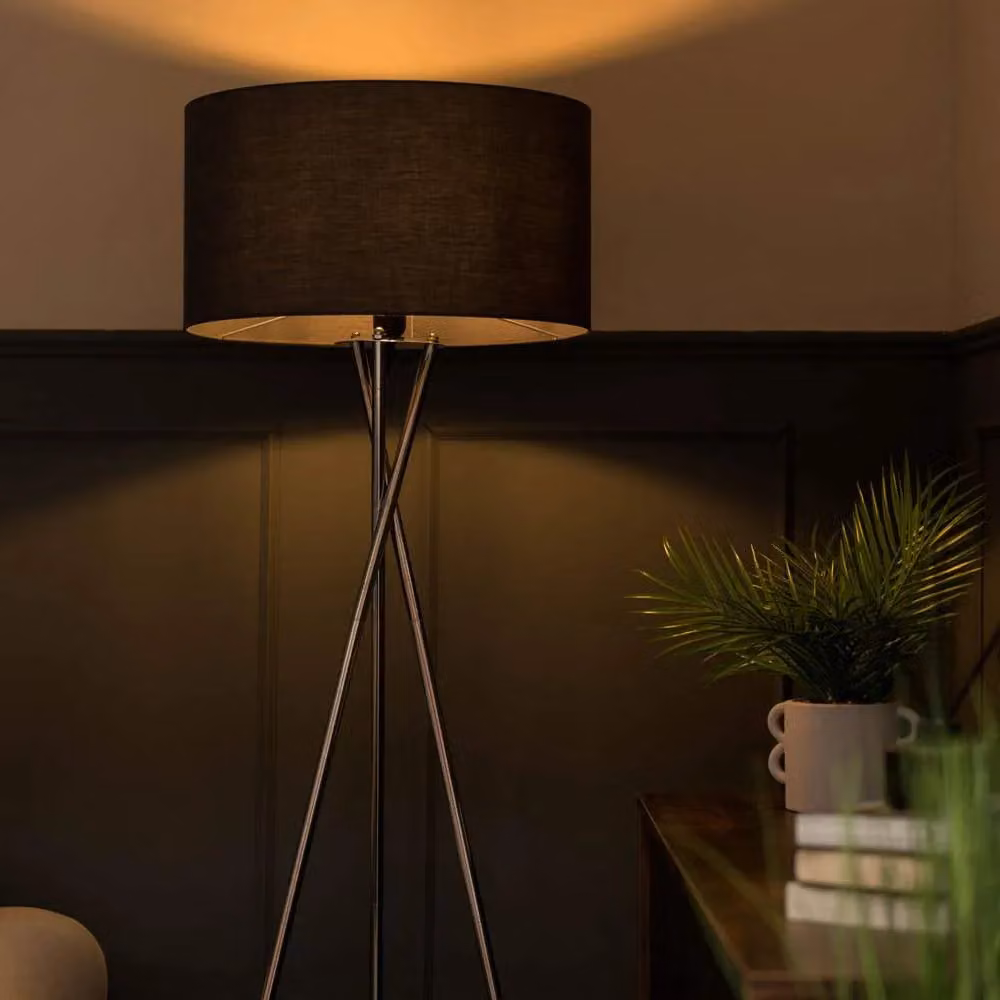ValueLights Camden Modern Tripod Floor Lamp in Brushed Chrome with Grey Fabric Cylinder Shade, H 154 cm x W 57 cm x D 57 cm – 3