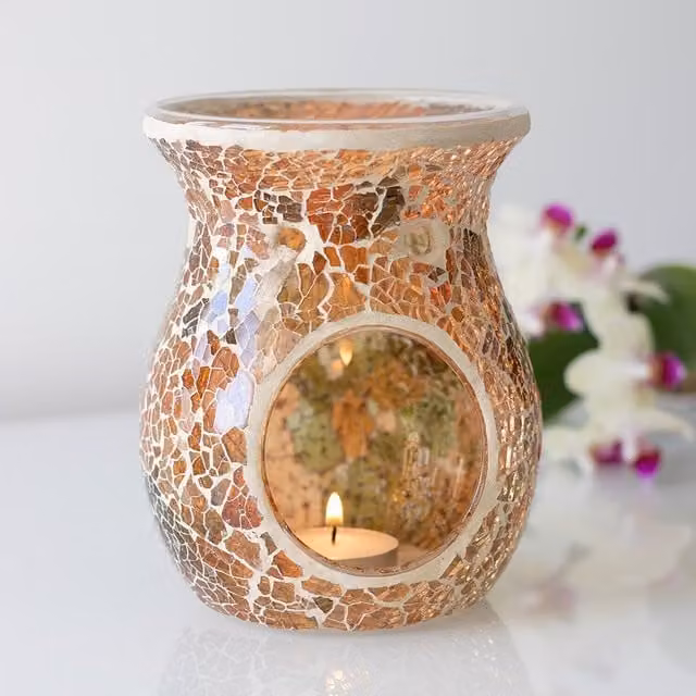 Something Different Large Brown Glass Crackle Oil Wax Burner, W/D/H: 13.5 x 10.5 x 13.5 cm