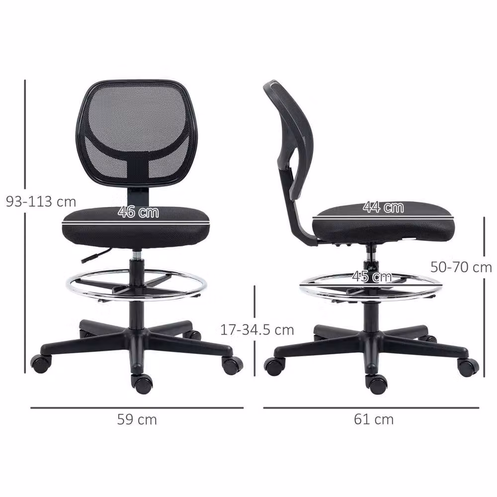 NESTLUNE Black Fabric Draughtsman Swivel Office Chair with Adjustable Foot Ring and Castors – 2