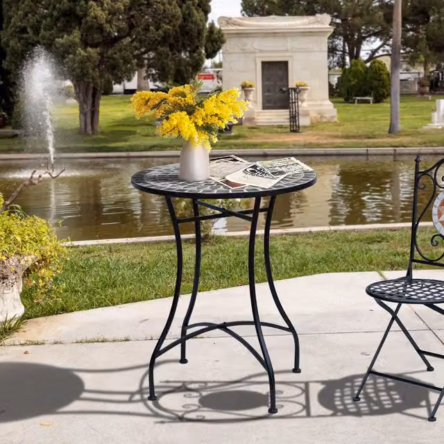 Outsunny Geometric Mosaic Side Table and Bistro Coffee Table in Grey and Black with Metal Frame for Indoor and Outdoor Use