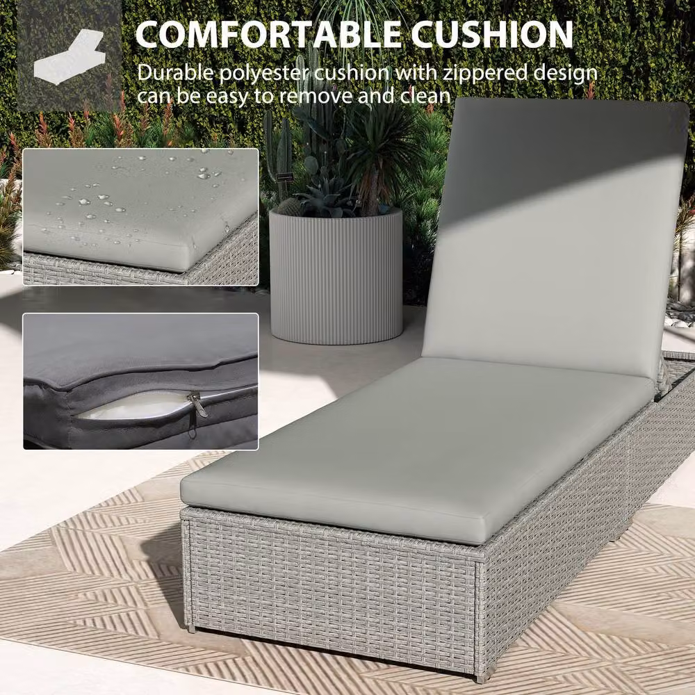 OUTSUNNY Adjustable Rattan Sun Lounger in Light Grey, W: 190 cm, D: 60 cm, H: 60 cm – 4