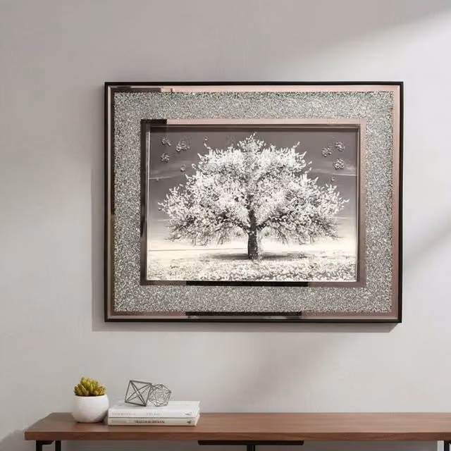 DEENZ Blossom Tree 3D Glitter Liquid Wall Art with Crushed Diamond Crystals in Silver, Pink and Grey, 45 cm