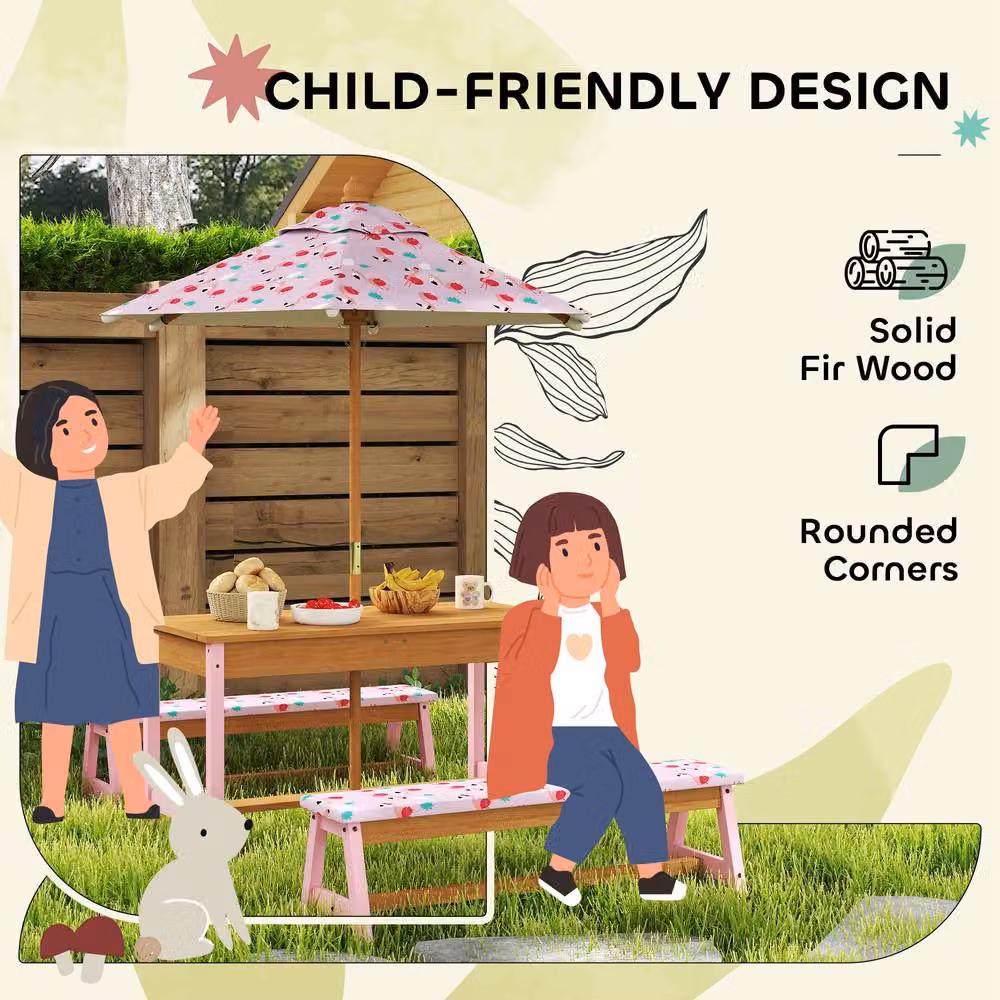 STILVORA Kids Picnic Table Set with Foldable Umbrella in Pink – 4