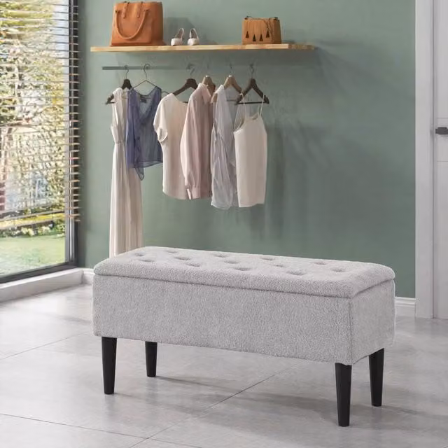 STILVORA Grey Bouclé Fabric Storage Ottoman with Wooden Legs – 1