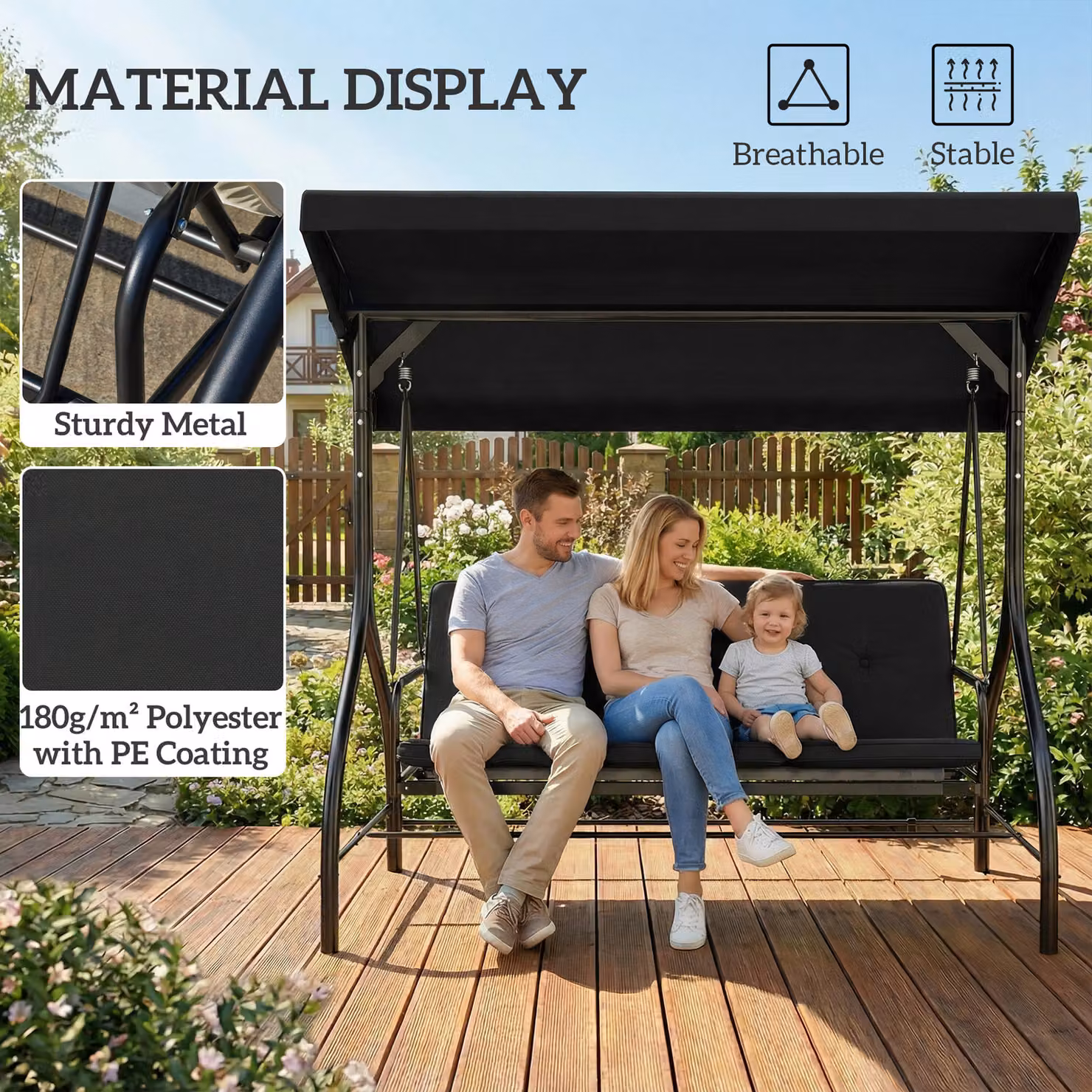 Outsunny 3 Seater Canopy Swing Chair and Convertible Garden Swing Bed in Black with Metal Frame and Cushions – 7