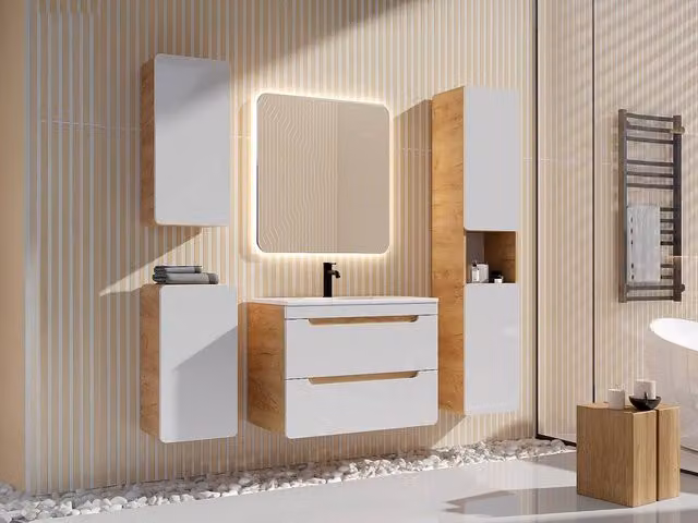 Vente-unique Modern Wall-Mounted Bathroom Vanity Unit with Inset Basin and Integrated LED Lighting in Light Oak