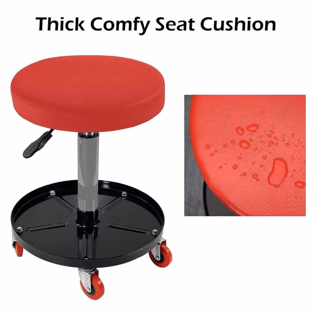 FLAVORA Heavy Duty Rolling Workshop Stool in Red with Castors and Synthetic Leather Upholstery – 6