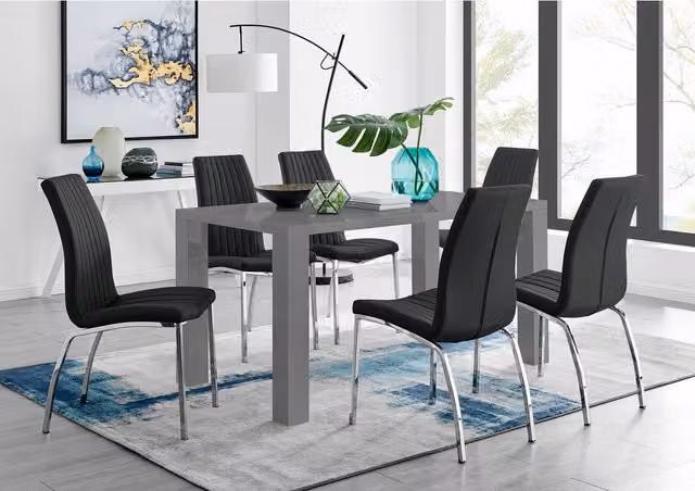 FurnitureboxUK Pivero Grey High Gloss Rectangular Dining Table and 6 Black Faux Leather Isco Chairs