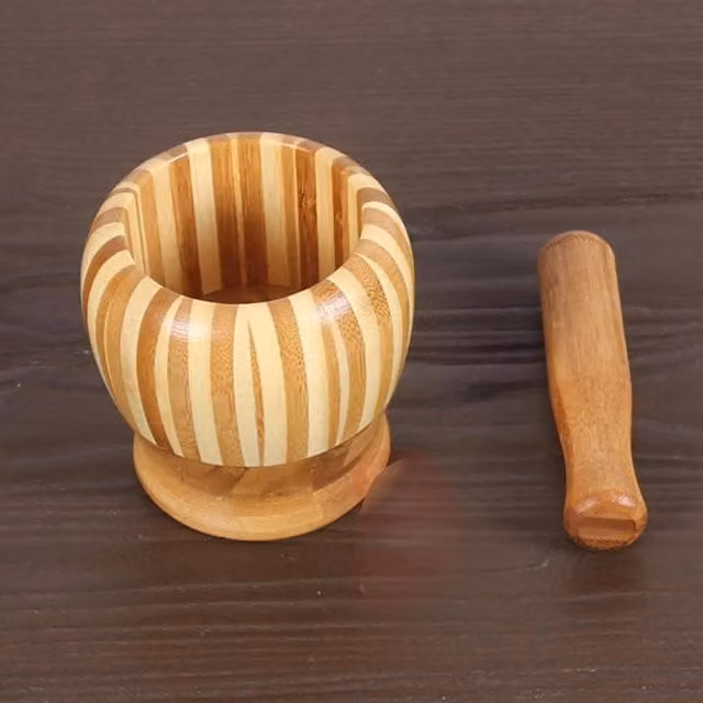 PAWNORA Bamboo Pestle and Mortar Set in Natural Brown, Diameter: 11 cm