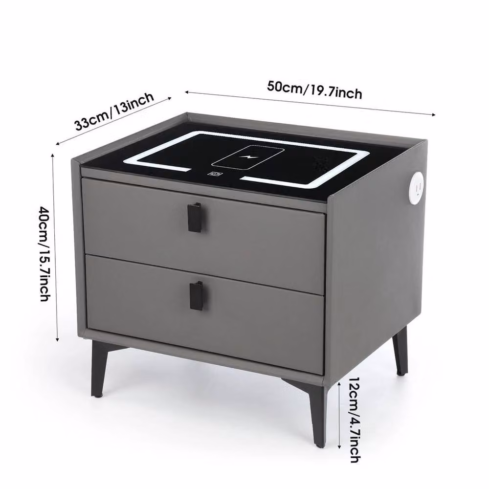 VOGREX Grey Modern Bedside Table with 2 Drawers and Integrated LED Lighting – 2