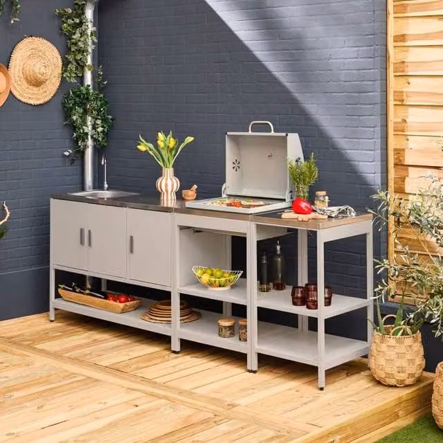Sweekeek Outdoor Kitchen with Charcoal Barbecue and 3 Modules including Sink in Beige and Stainless Steel