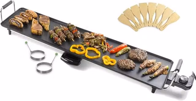Andrew James XXL Teppanyaki Grill with 2 Egg Rings, Black, Non-Stick Smooth Plate