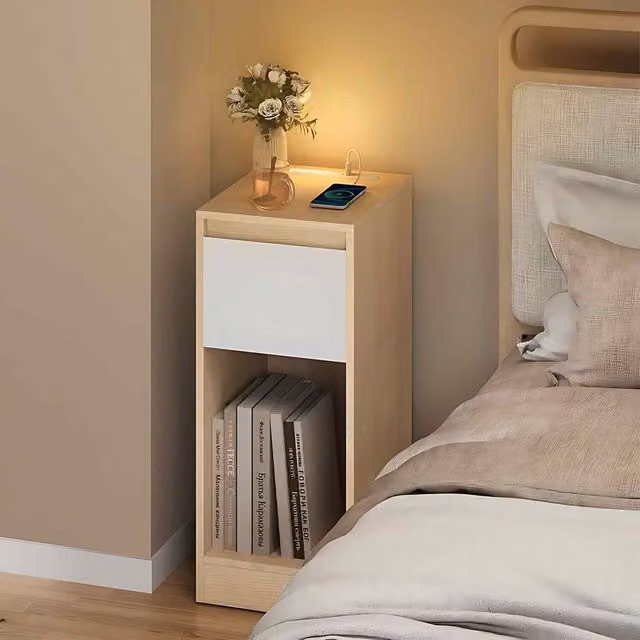 The Bazaarist Modern LED Bedside Table with USB Charging Station and Drawers in Oak Beige and Cloud White, W/D/H: 59.5 x 30.0 x 25.0 cm