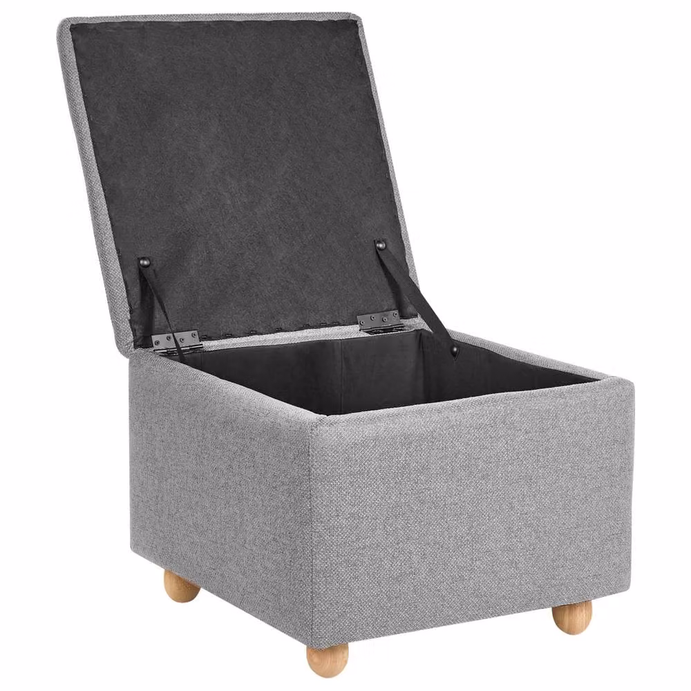 Wyld and Coco Mid-Century Grey Fabric Storage Pouffe with Pine Wood Frame – 4