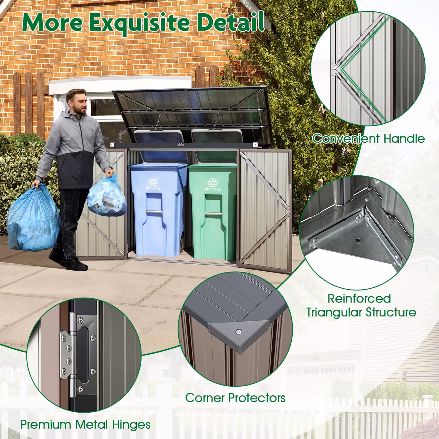 Gymax Metal Bin Store Storage Shed with Double Openings, Light Grey, W: 95 cm, D: 172 cm, H: 130 cm – 6