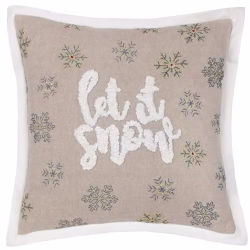 Paoletti Winter Let It Snow Embroidered Cotton Velvet Cushion in Green and Beige, W/D/H: 45 x 45 x 45 cm