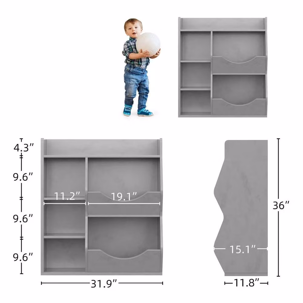 VOGREX Kids Toy Storage Organizer, 5-Cubby Wooden Unit in Grey – 2