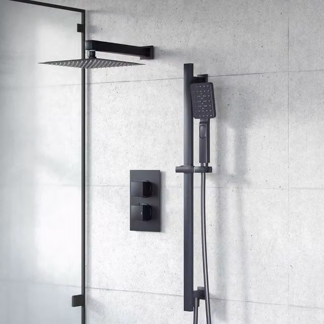 Nes Home Matte Black Exposed Thermostatic Mixer Shower Set with Overhead Shower, Handset and Slider Rail