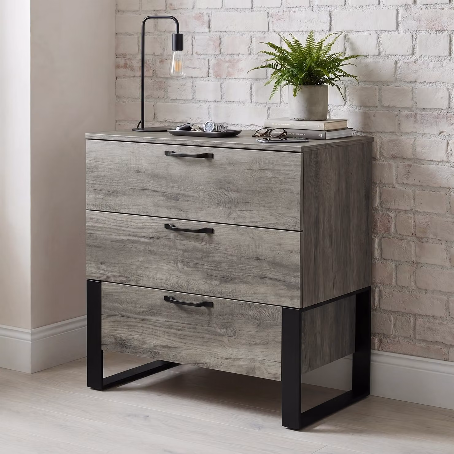 DHS Millwright 3 Drawer Chest of Drawers in Grey and Black Industrial Style, W: 81 cm, D: 40 cm, H: 80 cm