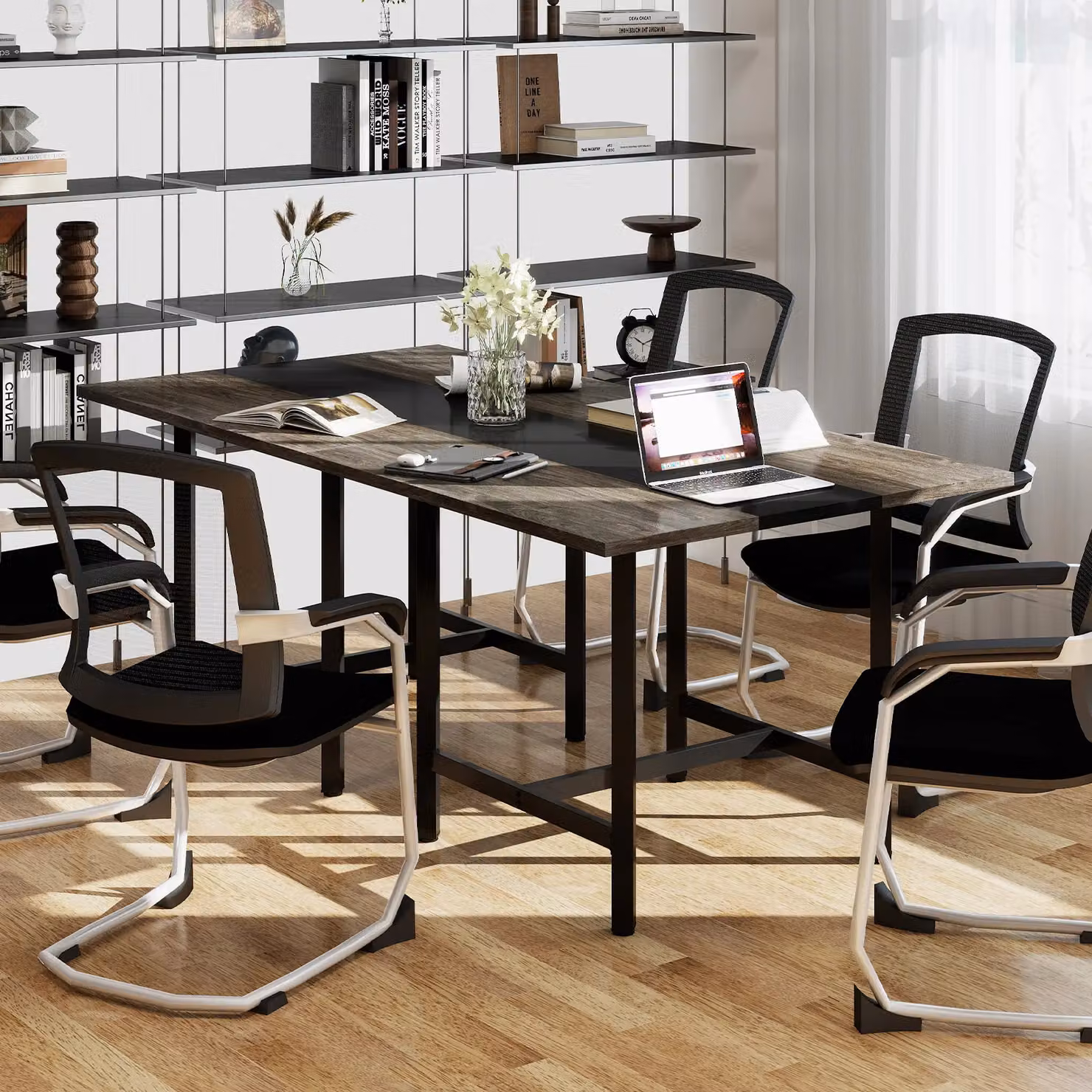 Costway Square Conference Table in Grey and Black, W/D/H: 100 x 100 x 90 cm – 6