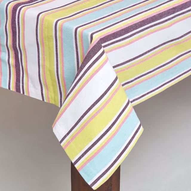 Homescapes Green Striped Cotton Tablecloth, Width: 178 cm