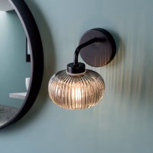 ValueLights Amaia Matte Black IP44 Rated Single Smoked Ribbed Glass Wall Light with LED Bulb – 1