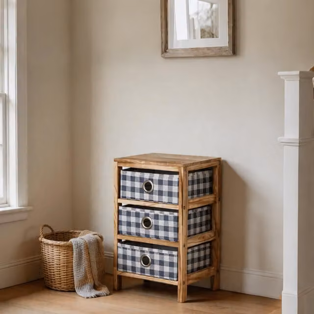 Home Source Weybourne Fabric Drawer Storage Chest in Beige and Blue, Width: 63 cm