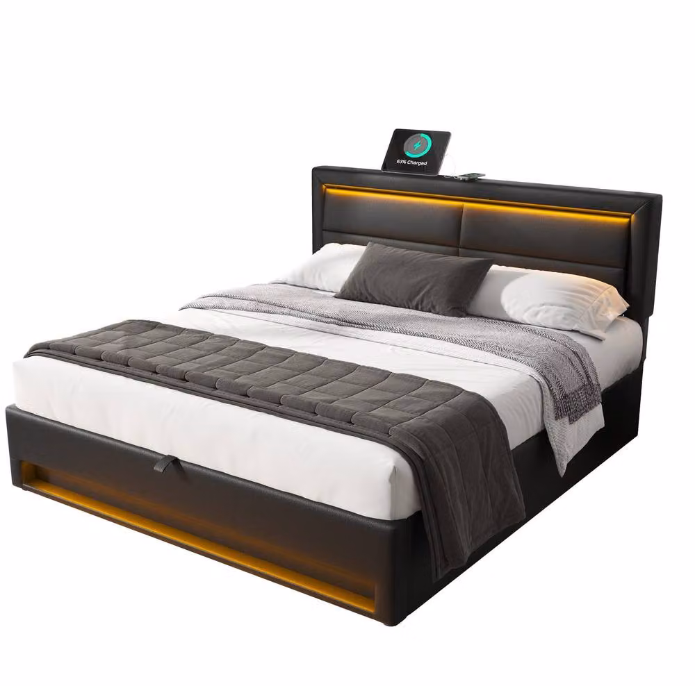 STILVORA King Size Upholstered Bed in Black with USB Charging Ports, LED Lighting and Storage, W: 180 cm, D: 200 cm – 4