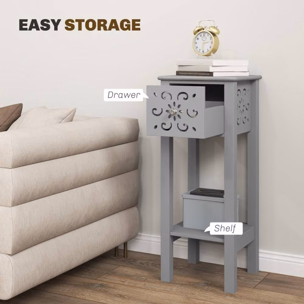STILVORA Set of 2 Modern Grey Side Tables with Drawer and Shelf – 2