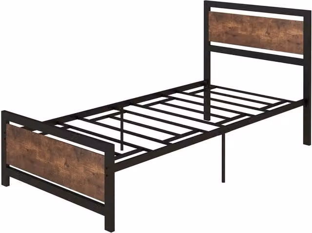 VOGREX Single Metal Bed Frame with Headboard and Footboard in Black, W/D/H: 97 x 195 x 103 cm