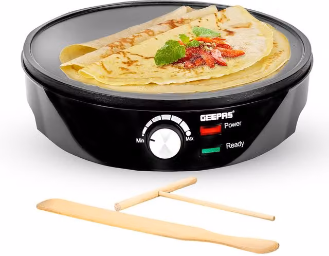 Geepas 1000W Electric Pancake and Crepe Maker with Non-Stick Cooking Plate in Black