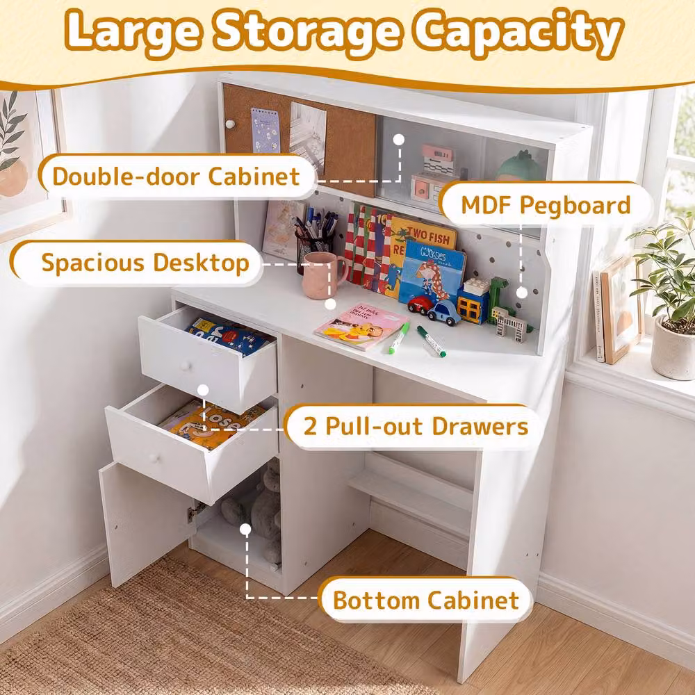 CASART Kids Wooden Study Desk and Chair Set with 2 Cabinets and 3 Drawers in White – 3