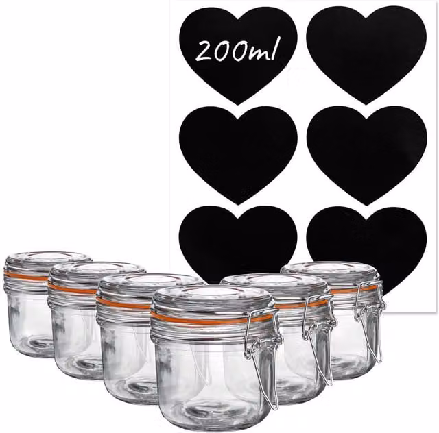 Argon Tableware Pack of 6 Transparent Orange Glass Storage Jars with Clip Lids, 200ml