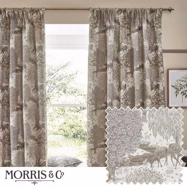 Morris & Co. Brook Woodland Jacquard Pencil Pleat Curtains, Beige, W: 117 cm, Drop: 137 cm – 1