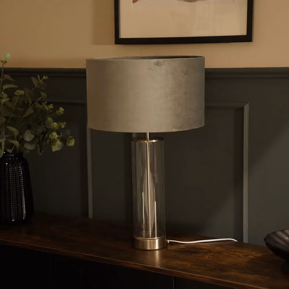 ValueLights Clear Glass and Brushed Chrome Table Lamp with Grey Fabric Cylinder Shade and LED Bulb – 3